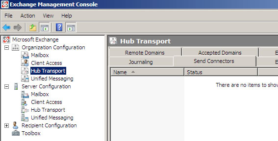 Exchange 2007 Setup - Step 1 - Click on Organisation Hub Transport and then the Send Connectors tab