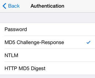 iPhone / iPod Touch iOS7 - Step 7 - Select MD5 Challenge-Response as the AuthSMTP Authentication method