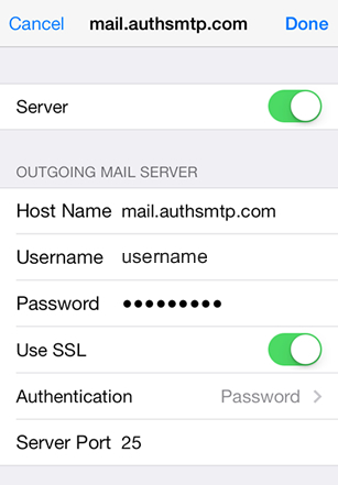 iPhone / iPod Touch iOS9 - Step 6 - Move slider to On, enter AuthSMTP outgoing mail server, enter AuthSMTP username and password, change Use SSL to Off and then click on Authentication