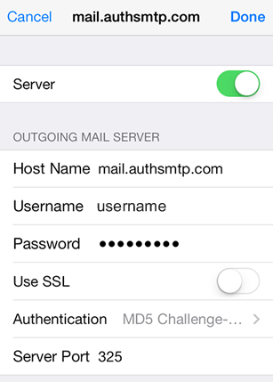 iPad iOS9 - Step 8 - Click on Server Port and change to the alternative SMTP port 2525, go back to the main Settings page and the setup of the authenticated outgoing email relay service is complete
