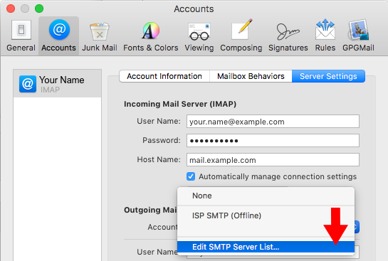 High Sierra 10.13 - Mac Mail - Step 4 - Enter Outgoing Mailserver