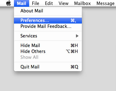 Mountain Lion 10.8 - Mac Mail - Step 2 - Open Mail menu and click Preferences