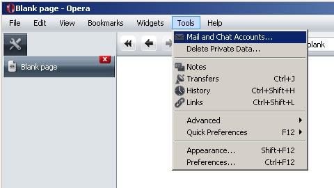 Opera v9 - Step 1 - Go to the Tools menu and click Mail and Chat Accounts