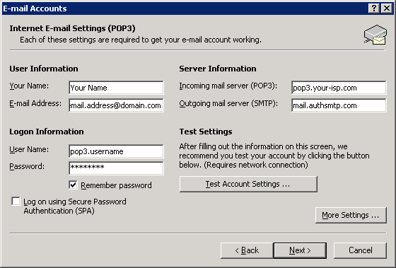Outlook 2003 - Step 4 - Change outgoing mail server to AuthSMTP's and then click More Settings