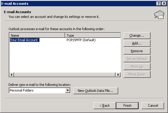 Outlook 2003 - Step 3 - Click Change to access outgoing mail server settings