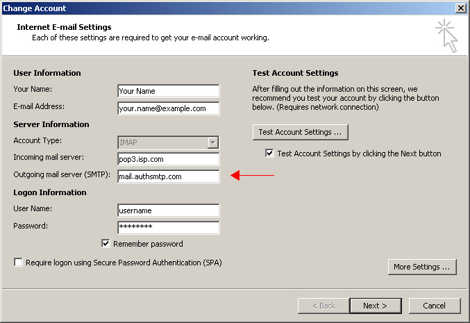 Outlook 2010 - Step 4 - Change outgoing mail server to AuthSMTP's and then click More Settings