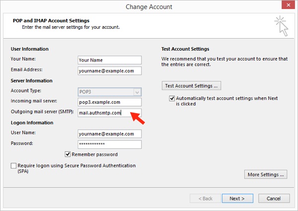 Outlook 2013 - Step 5 - Change outgoing mail server to AuthSMTP's and then click More Settings