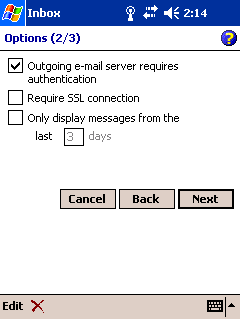 Pocket Outlook - Step 8 - Tick outgoing e-mail server requires authentication and then click Next