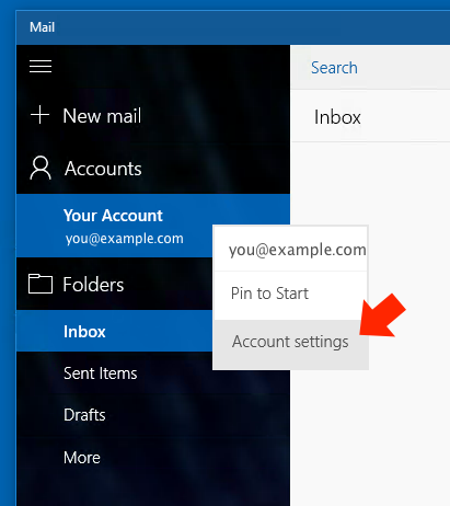 Windows 10 Mail App - Step 3 - Open Account Settings