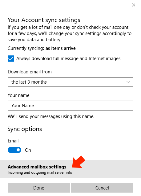 Windows 10 Mail App - Step 5 - Click 'Advanced mailbox settings'