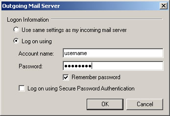 Windows Live Mail 2009 - Step 3 - Enter your AuthSMTP username and password, tick remember password and then click OK to complete the setup of the authenticated mail relay service