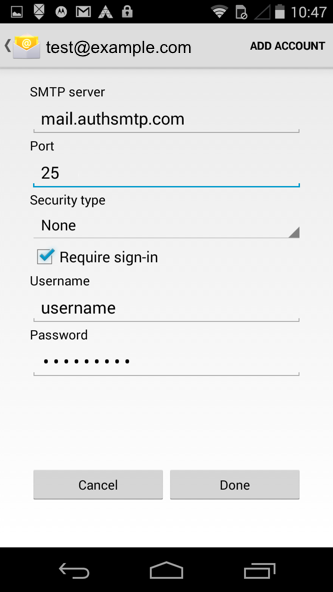 Android - Step 5 - Update SMTP settings