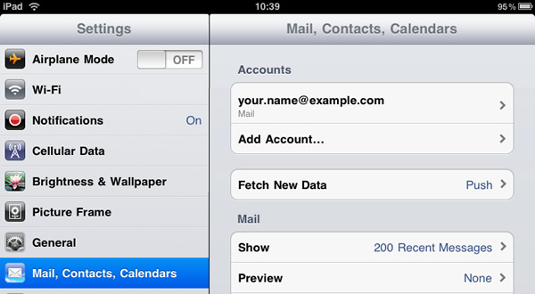 iPad - Step 2 - Click the email account you wish to add AuthSMTP outgoing email service to