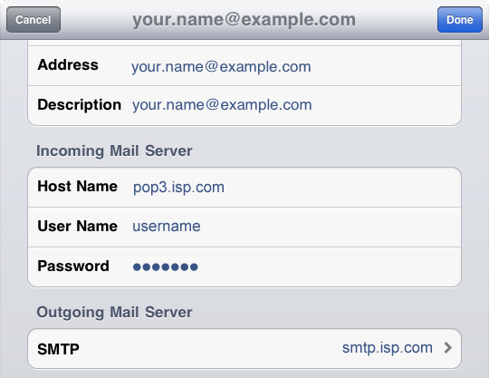 iPad - Step 3 - Scroll down to Outgoing Mail Server and click SMTP