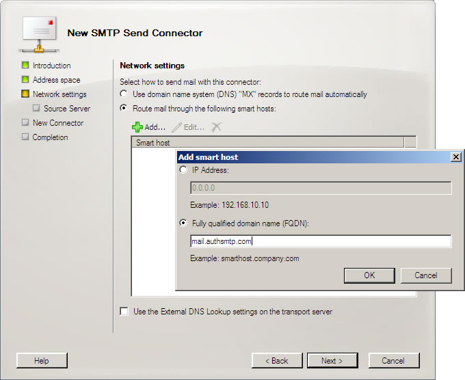 Exchange 2007 Setup - Step 4 - Click Add SmartHost and enter Fully Qualified Domain Name as mail.authsmtp.com then click OK and Next