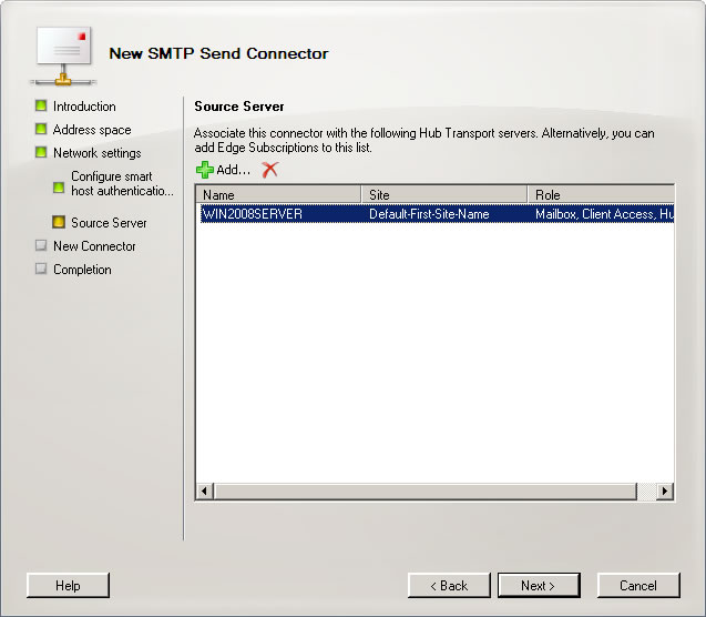 Exchange 2007 Setup - Step 6 - Use default Source Server for Send Connector and click Next