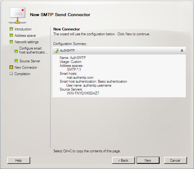 Exchange 2007 Setup - Step 7 - SMTP Send Connector details are summarized, check they are correct and click New to setup the Send Connector using the AuthSMTP email relay service