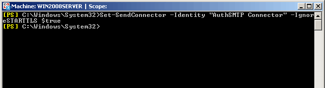 Exchange 2007 - Disable Opportunistic TLS - Step 3 - To disable Opportunistic TLS type 'Set-SendConnector -Identity 