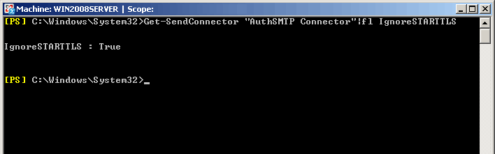 Exchange 2007 - Disable Opportunistic TLS - Step 4 - To confirm the change so that you can send email via AuthSMTP type 'Get-SendConnector 