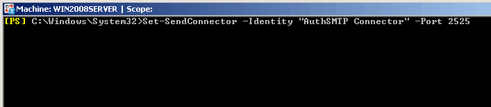 Exchange 2007 - Change SMTP Port - Step 3 - Change SMTP port to alternative by typing 'Set-SendConnector -Identity 