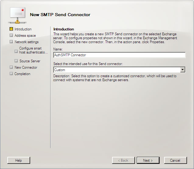 Exchange 2010 Setup - Step 2 - Enter AuthSMTP Connector as the connector name and choose Custom Connector from the drop down menu