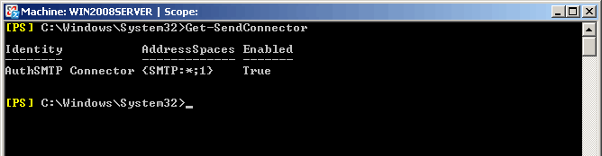 Exchange 2010 - Change SMTP Port - Step 2 - Get list of all Send Connectors by typing Get-SendConnector