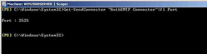 Exchange 2010 - Change SMTP Port - Step 4 - Confirm change by typing 'Get-SendConnector 