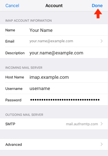 iPhone / iPod Touch iOS10 - Step 10 - Setup of the authenticated outgoing email relay service is complete