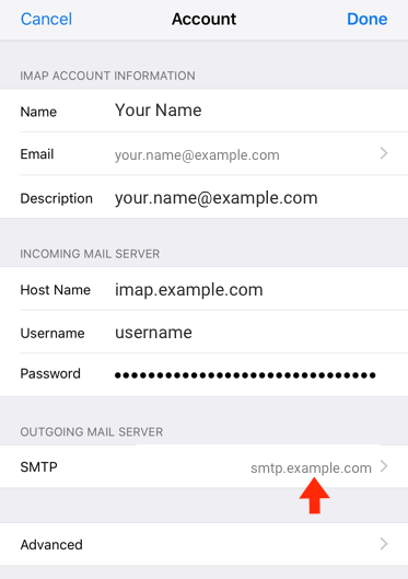 iPhone / iPod Touch iOS10 - Step 6 - Scroll down to Outgoing Mail Server