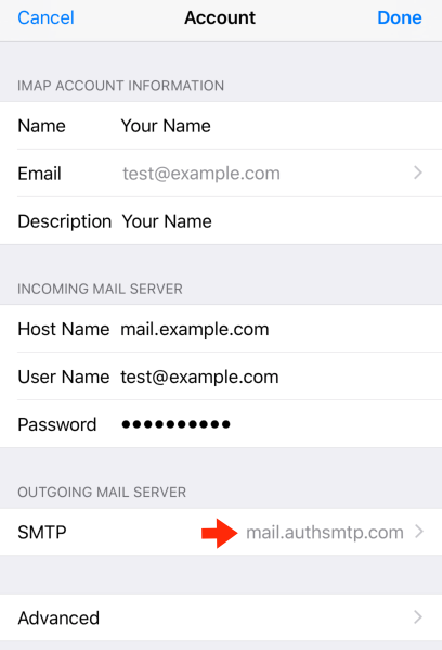 iPhone / iPod Touch iOS12 - Step 11 - Setup of the authenticated outgoing email relay service is complete
