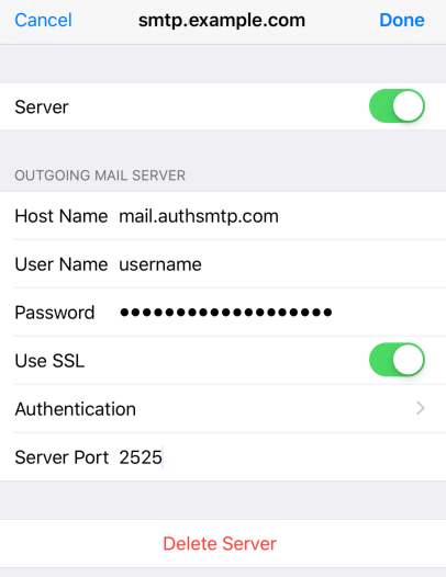 iPhone / iPod Touch iOS12 - Step 7 - Enter SMTP Settings