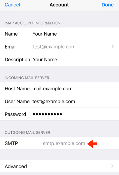 iPhone / iPod Touch iOS13 - Step 5 - Tap on the Outgoing Mail Server settings