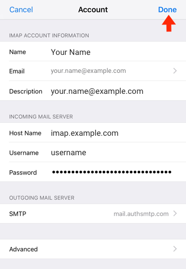 iPhone / iPod Touch iOS14 - Step 10 - Setup of the authenticated outgoing email relay service is complete