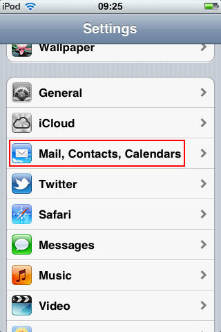 iPhone / iPod Touch iOS5 - Step 1b - Click 'Mail, Contacts, Calendars'