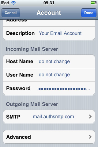 iPhone / iPod Touch iOS5 - Step 8 - Setup of the authenticated outgoing email relay service is complete