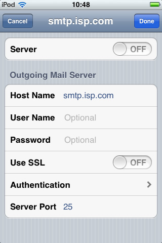 iPhone / iPod Touch iOS6 - Step 5 - Move slider to On, enter AuthSMTP outgoing mail server, enter AuthSMTP username and password, change Use SSL to Off and then click on Authentication