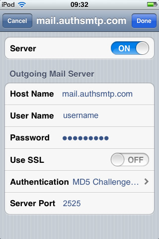 iPhone / iPod Touch iOS6 - Step 7 - Click on Server Port and change to the alternative SMTP port 2525, go back to the main Settings page and the setup of the authenticated outgoing email relay service is complete