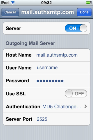 iPhone / iPod Touch iOS6 - Step 7 - Click on Server Port and change to the alternative SMTP port 2525, go back to the main Settings page and the setup of the authenticated outgoing email relay service is complete