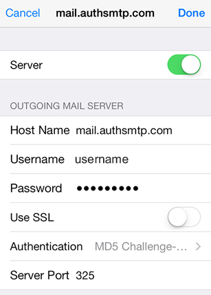 iPhone / iPod Touch iOS9 - Step 8 - Click on Server Port and change to the alternative SMTP port 2525, go back to the main Settings page and the setup of the authenticated outgoing email relay service is complete