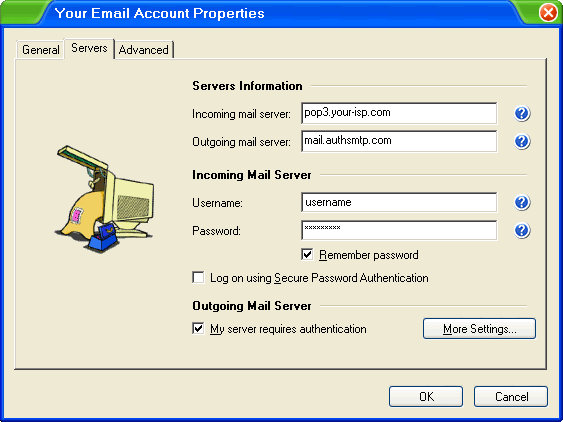 Incredimail XE - Step 3 - Email Account Properties, go to servers tab and change outgoing mail server, tick requires authentication and click More Settings