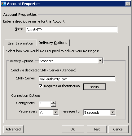 GroupMail 5 - Step 1 - Account Properties - Change Outgoing SMTP Server