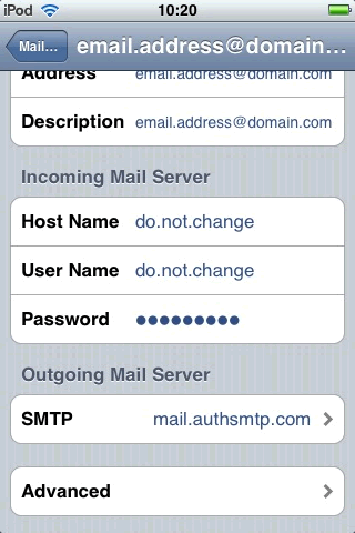 iPhone / iPod Touch - Step 3 - Scroll down to Outgoing Mail Server and click SMTP