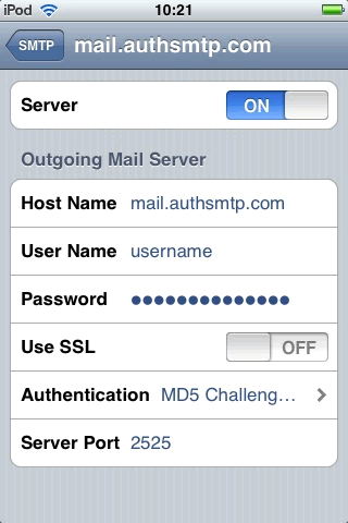 iPhone / iPod Touch - Step 5 - Move slider to On, enter AuthSMTP outgoing mail server, enter AuthSMTP username and password, change Use SSL to Off and then click on Authentication