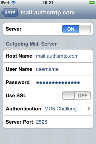 iPhone / iTouch - Step 5 - Move slider to On, enter AuthSMTP outgoing ...