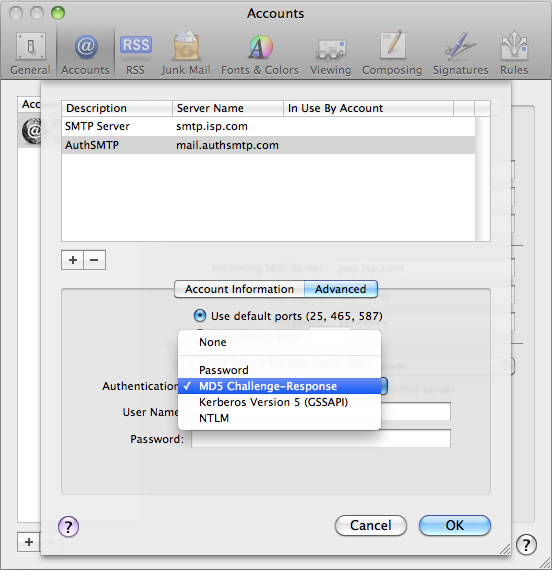 Leopard 10.5 - Mac Mail - Step 5 - Set Authentication to MD5 Challenge-Response