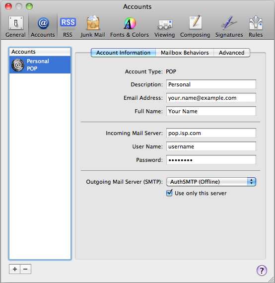 Leopard 10.5 - Mac Mail - Step 8 - Complete setup of SMTP Server