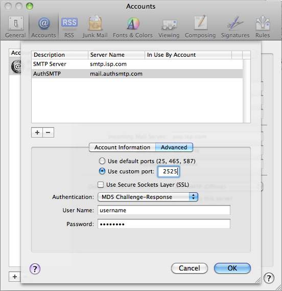 Leopard 10.5 - Mac Mail - Step 7 - Change SMTP port to 2525