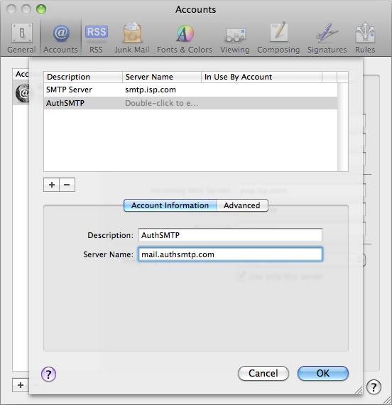 Lion 10.7 - Mac Mail - Step 4 - Enter Outgoing Mailserver