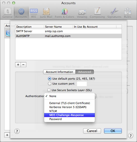 Lion 10.7 - Mac Mail - Step 5 - Set Authentication to MD5 Challenge-Response