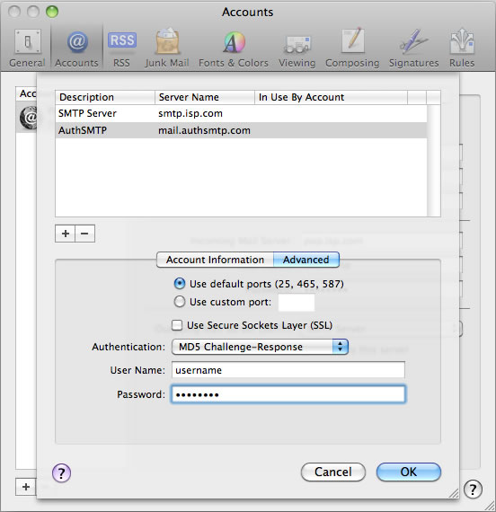 Lion 10.7 - Mac Mail - Step 6 - Enter AuthSMTP Username and Password